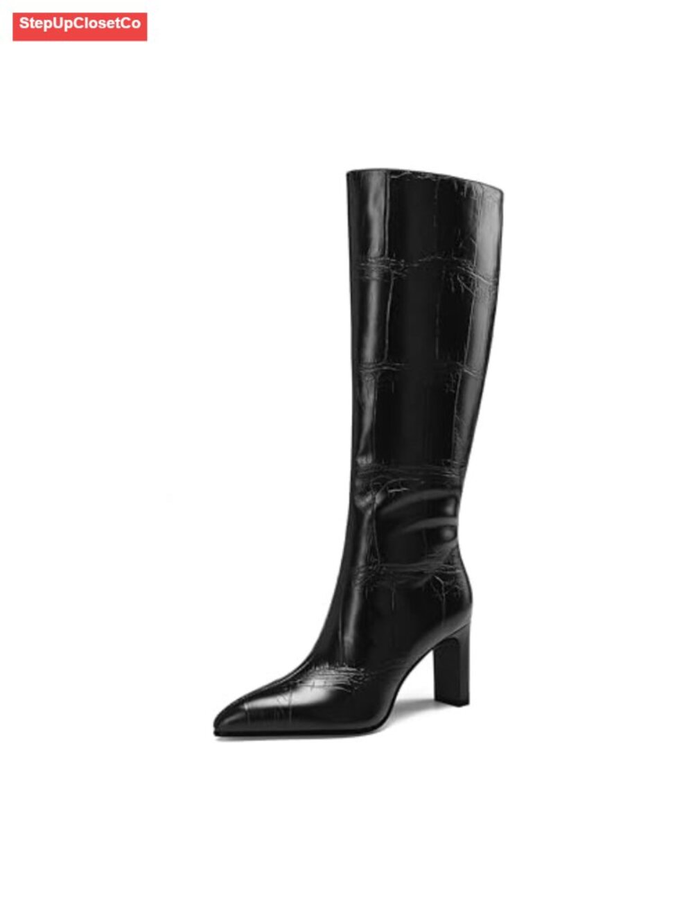 Women's Chunky Heel Pointed Toe Knee-high Boots Faux Leather